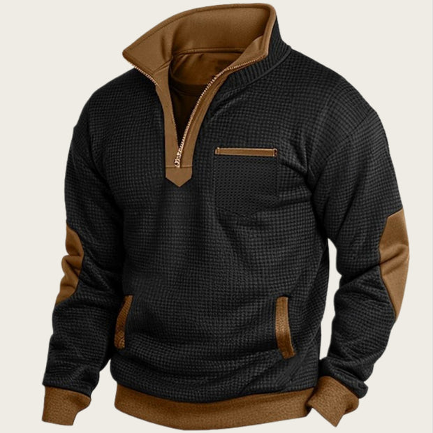 Men's Waffle Contrast Color Pocket Zipped Stand Collar Sweatshirt