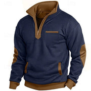Men's Waffle Contrast Color Pocket Zipped Stand Collar Sweatshirt