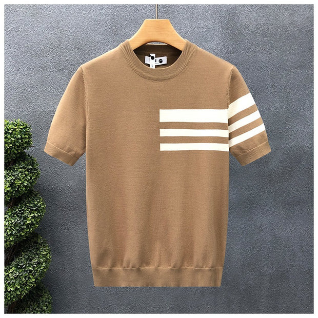 Trendy All-match Round Neck Knitted Short Sleeve Contrast Color Thin T-shirt