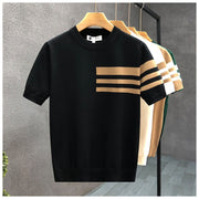 Trendy All-match Round Neck Knitted Short Sleeve Contrast Color Thin T-shirt