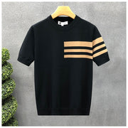 Trendy All-match Round Neck Knitted Short Sleeve Contrast Color Thin T-shirt